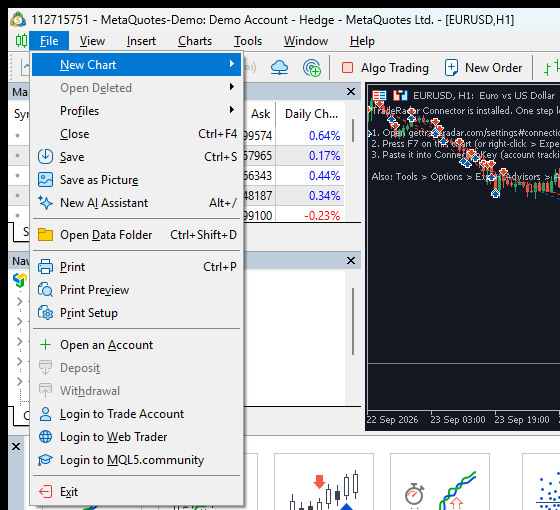 MetaTrader 5 File menu with Open Data Folder