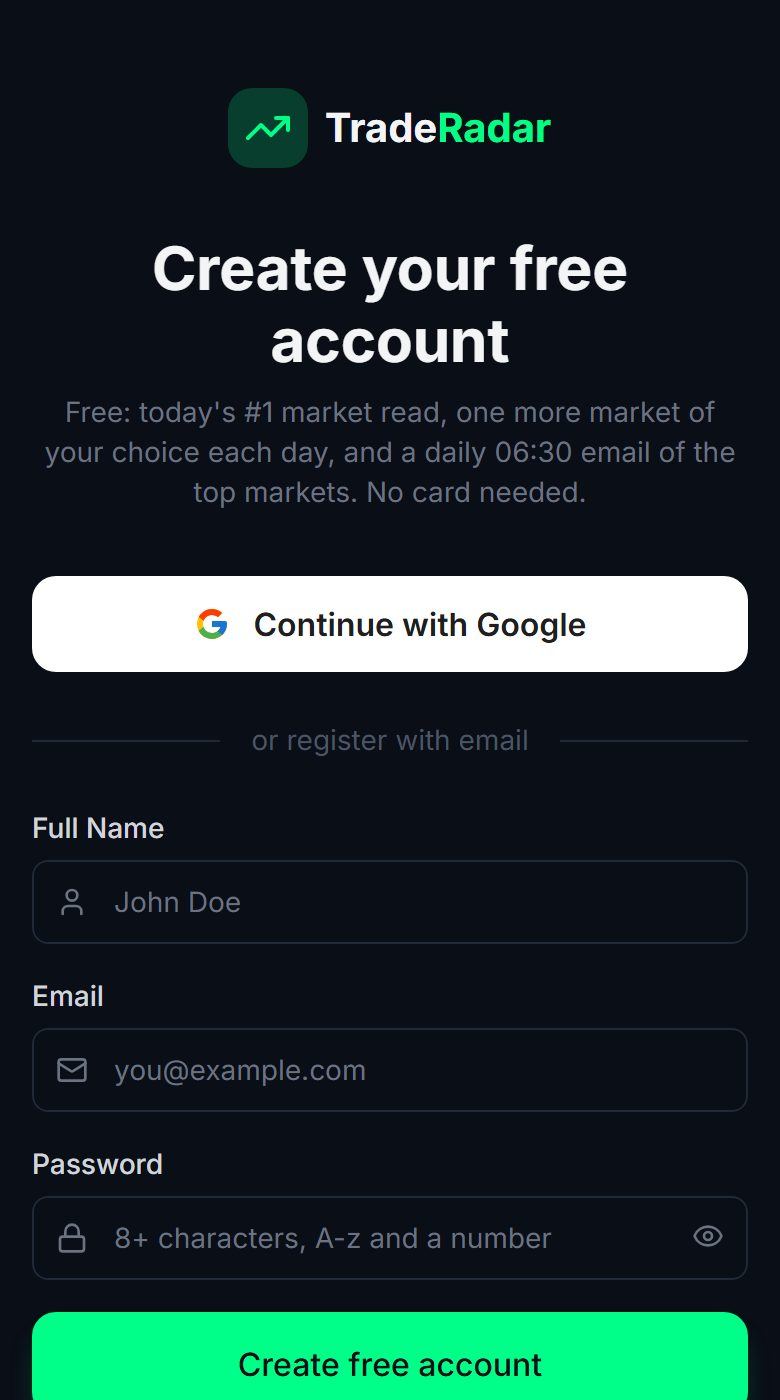 TradeRadar sign-up page on a phone
